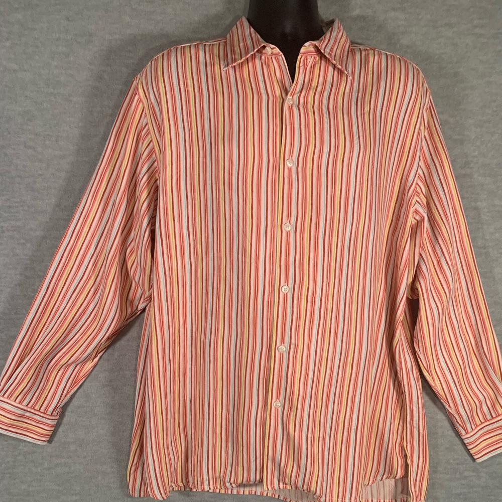Tommy Bahama Mens Large Long Sleeve Pink /Red Stripes Button Up Shirt 100% Silk